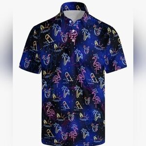 Men's Neon Blue Flamingo Palm Trees Print Polo Shirt Size XL Fun Golf Activewear